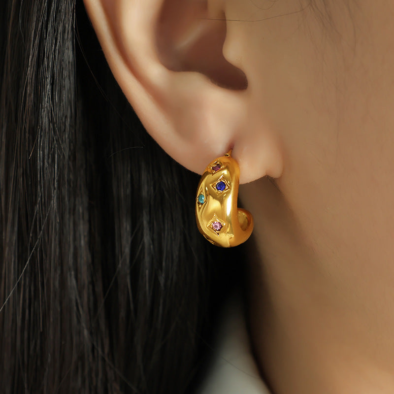 Curved Gem Gold Hoops