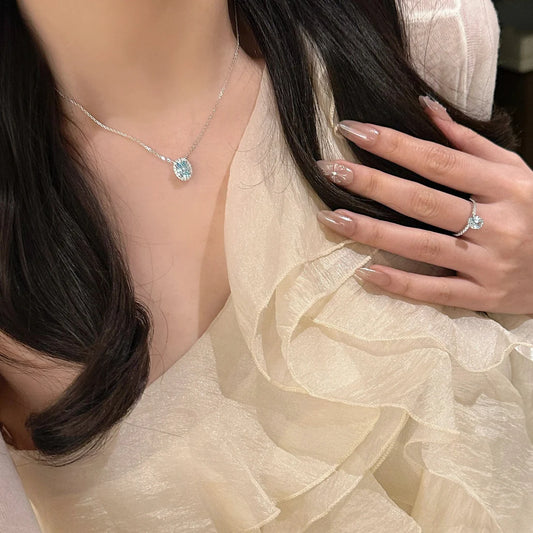 Silver Aquamarine Oval Egg Necklace