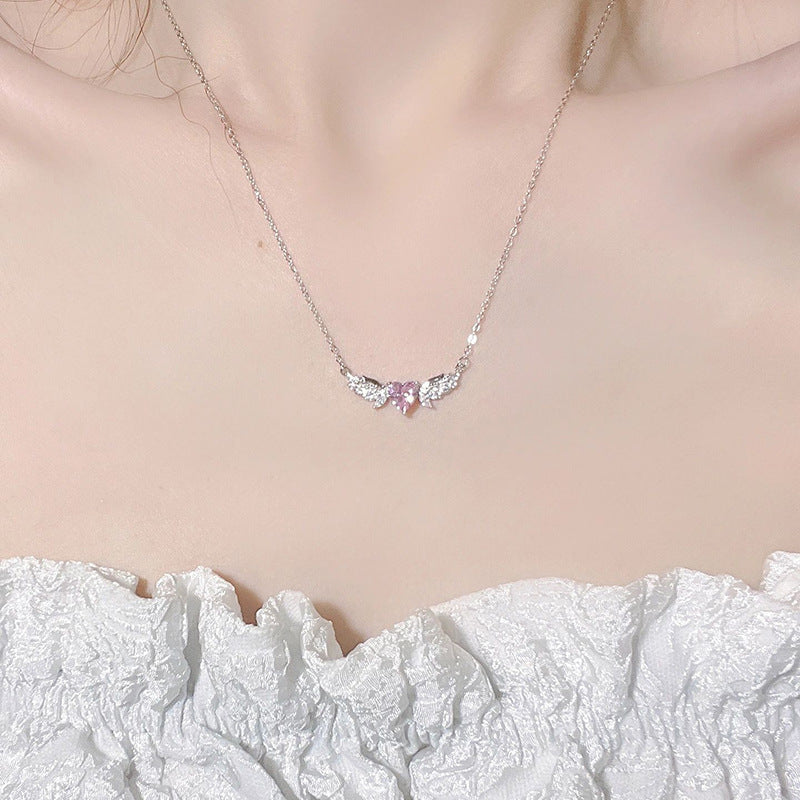 Fairy Wing Pink Heart Pendant Necklace