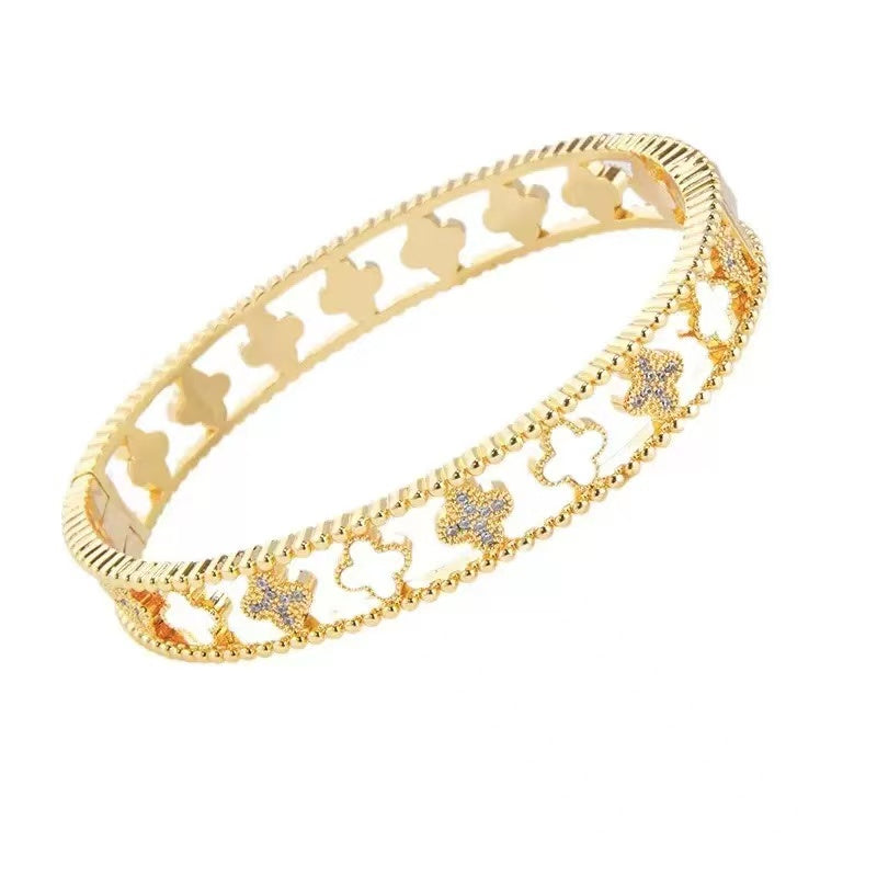 Gold Shell & Rhinestone Clover Bangle