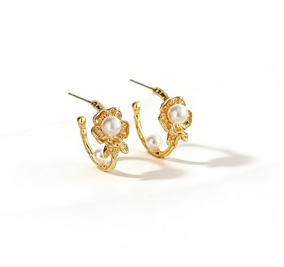 Gold Flower Pearl Hoop Earrings