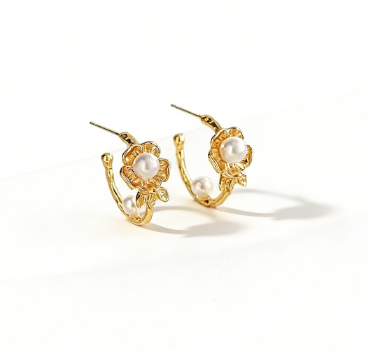 Gold Flower Pearl Hoop Earrings