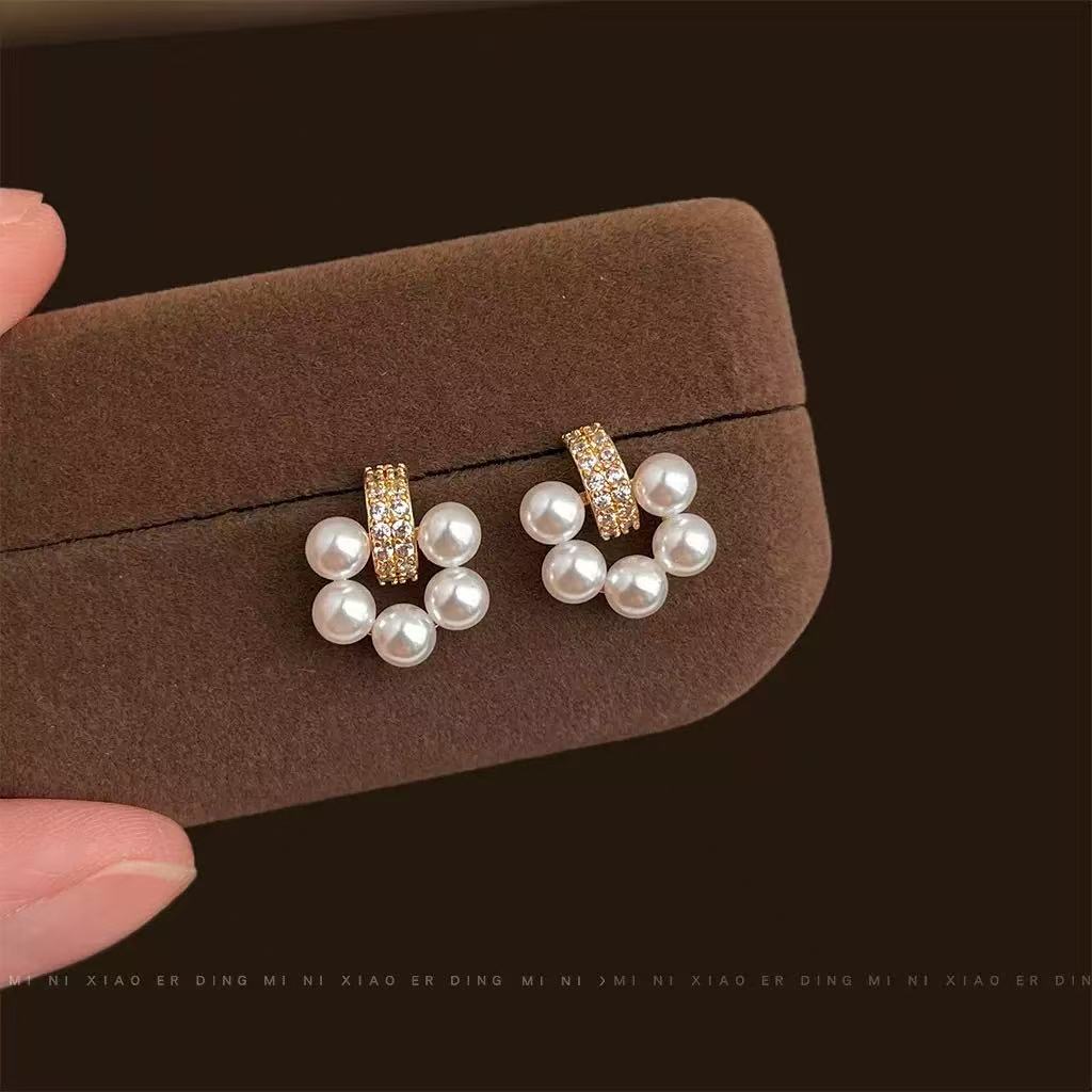Pearl Diamond Cluster  Earrings