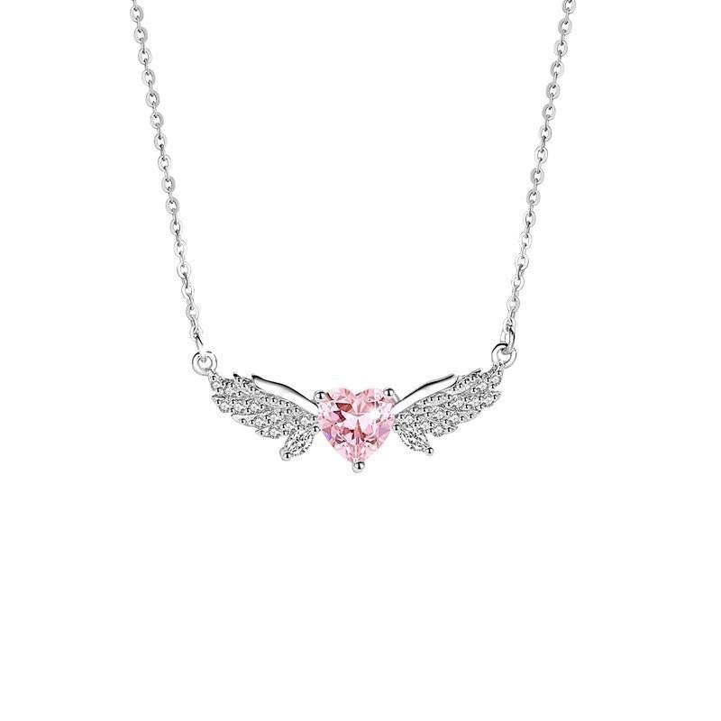 Fairy Wing Pink Heart Pendant Necklace