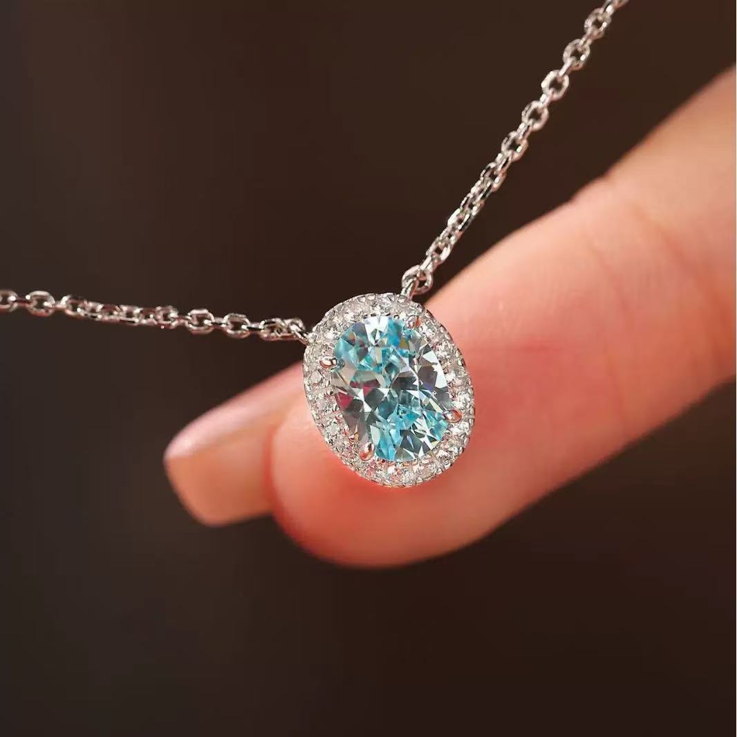 Silver Aquamarine Oval Egg Necklace