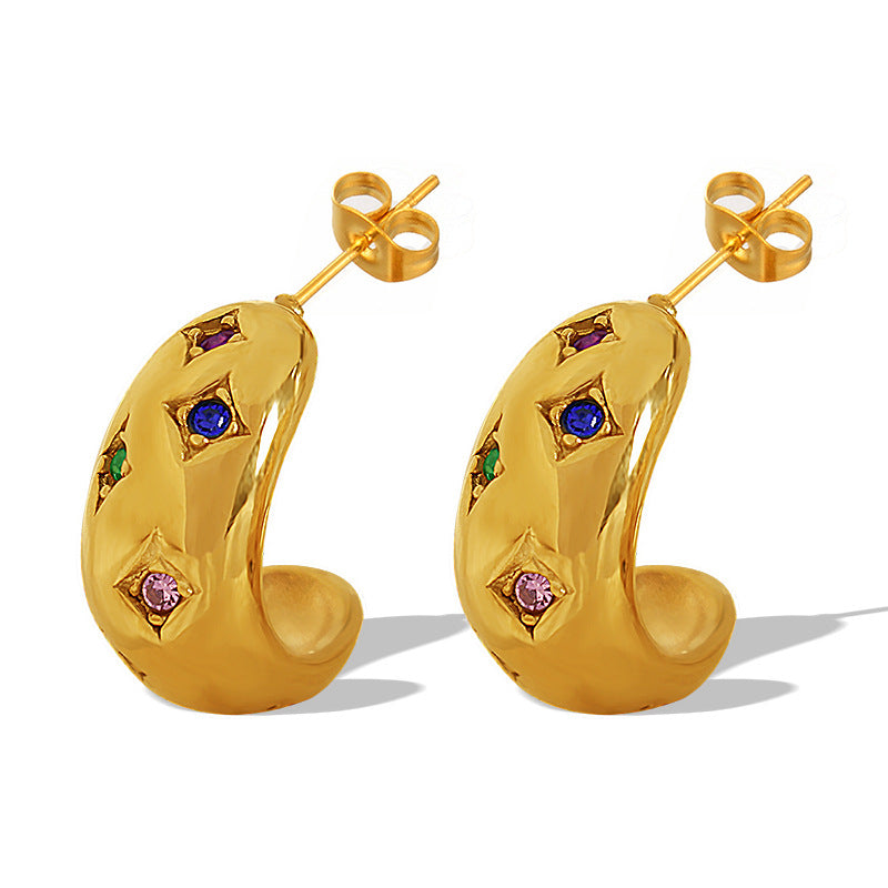 Curved Gem Gold Hoops