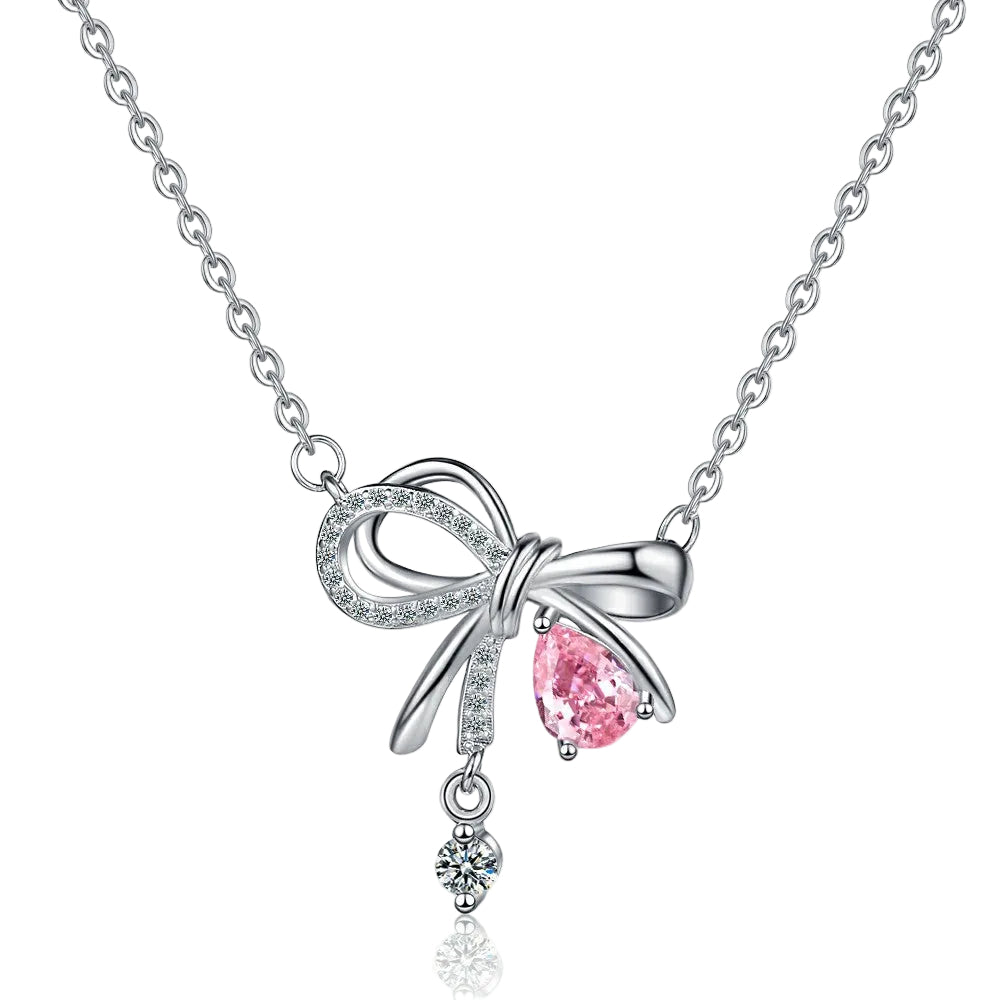 Silver Bow Pink Teardrop Necklace