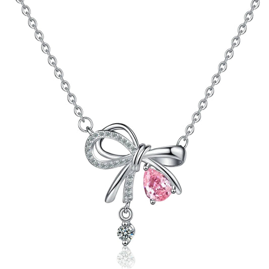 Silver Bow Pink Teardrop Necklace