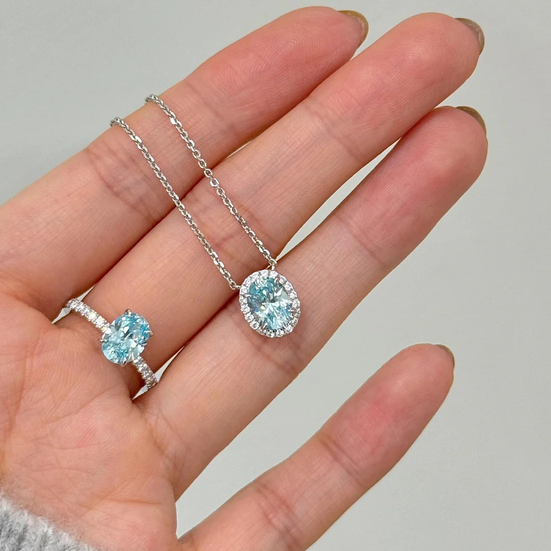 Silver Aquamarine Oval Egg Necklace