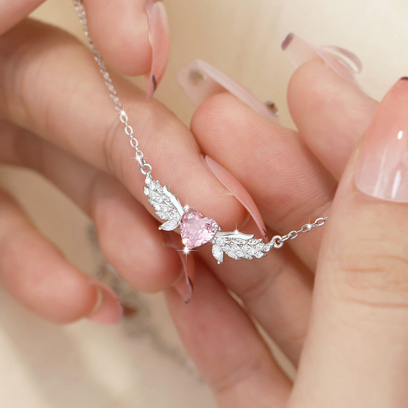 Fairy Wing Pink Heart Pendant Necklace