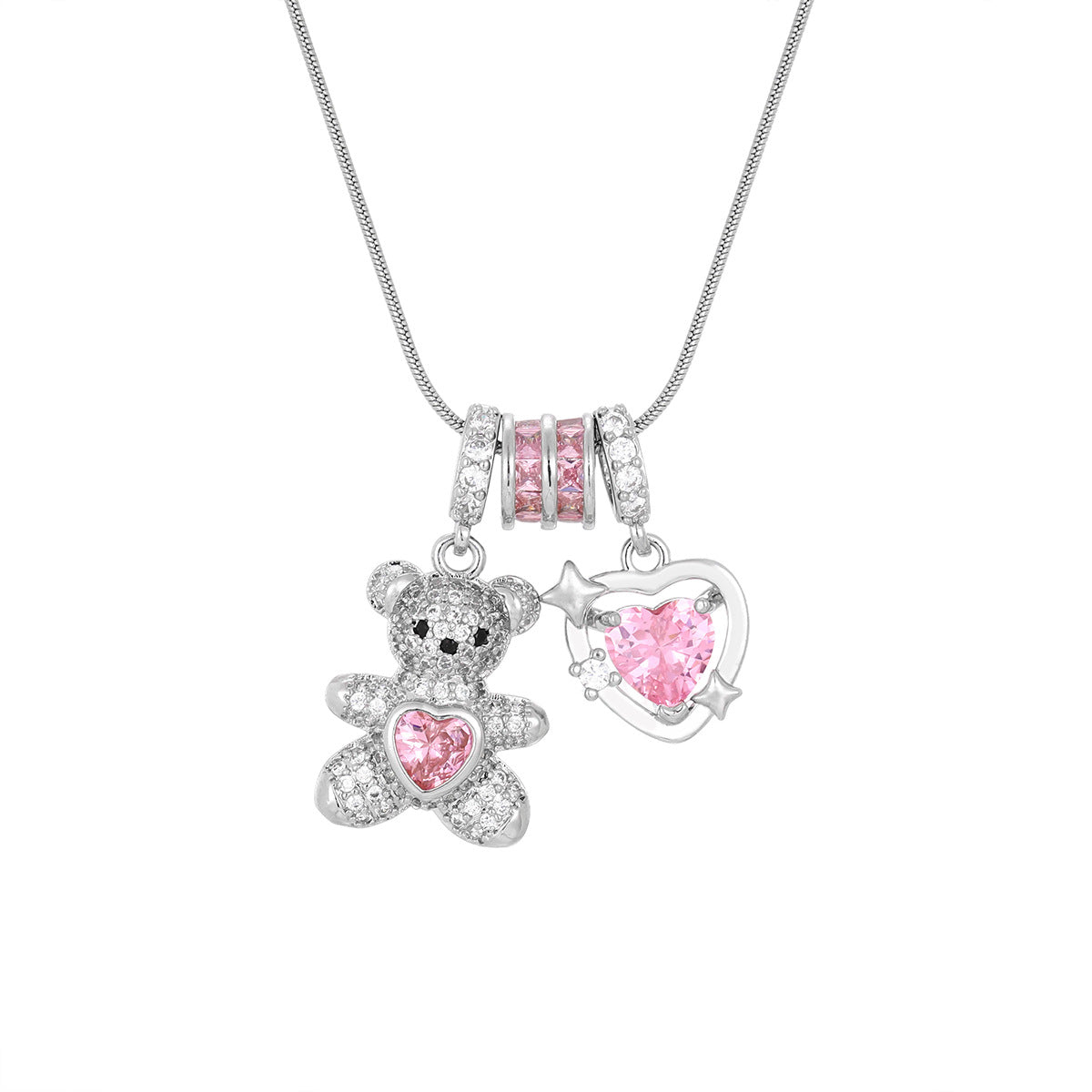 Sparkle Bear Pink Heart Necklace