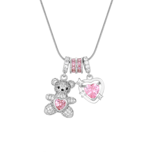 Sparkle Bear Pink Heart Necklace