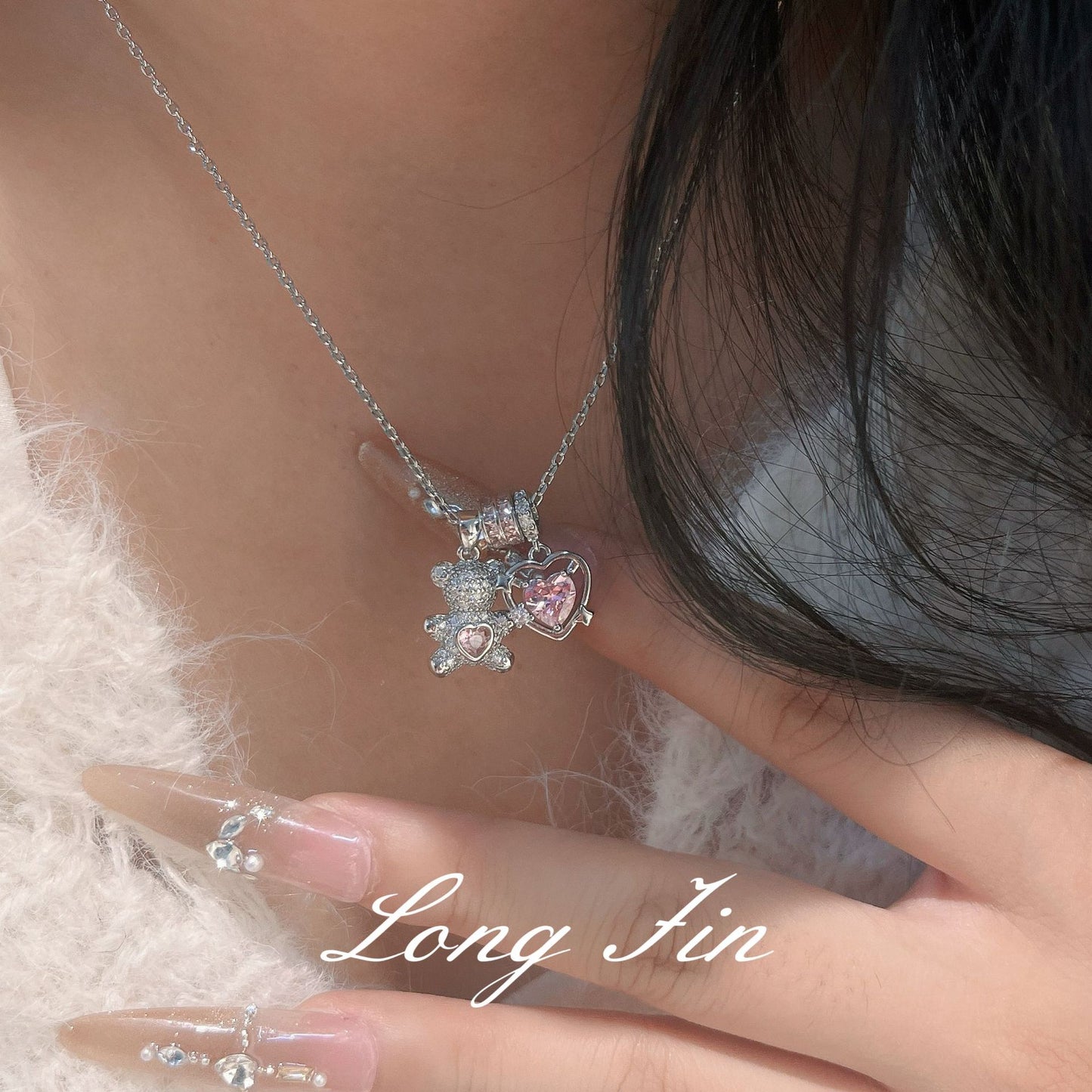 Sparkle Bear Pink Heart Necklace