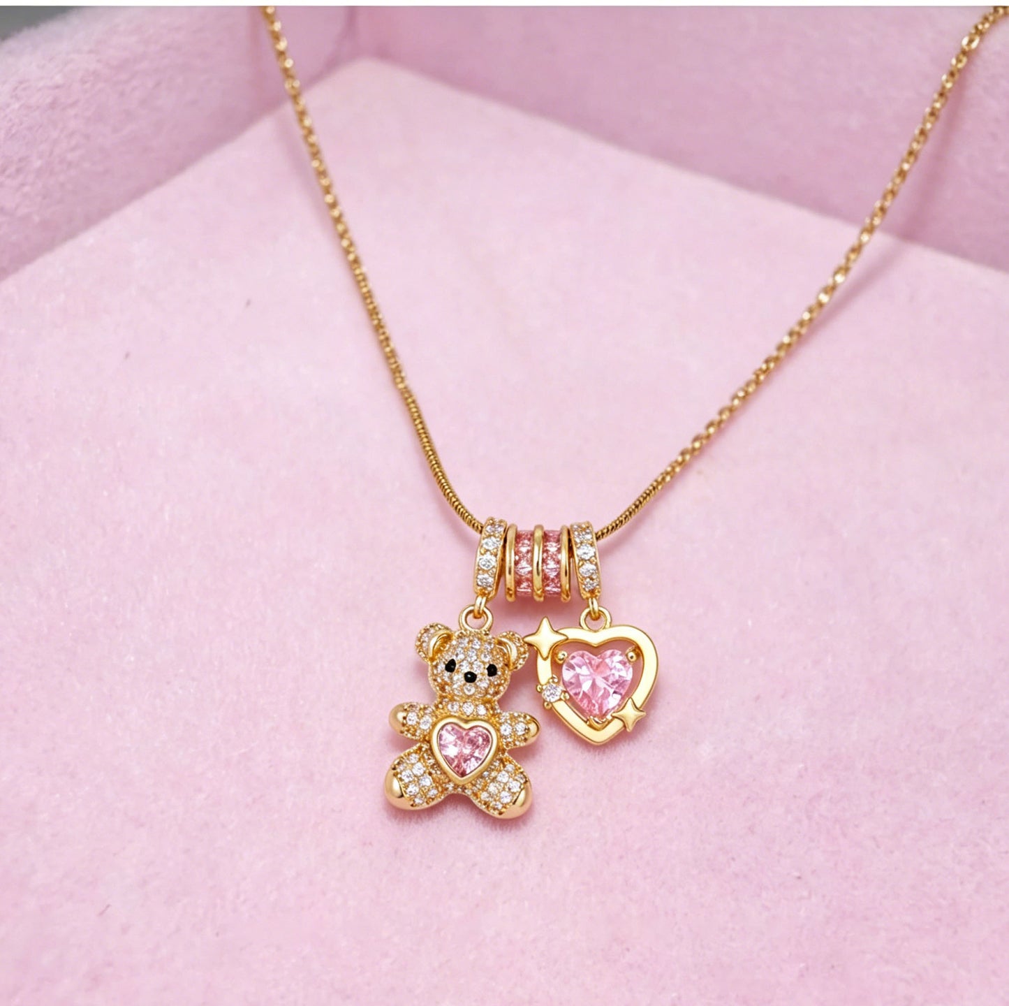 Bear Pink Heart Necklace