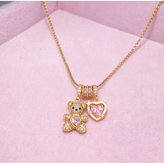 Bear Pink Heart Necklace