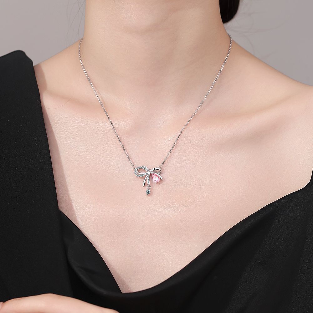 Silver Bow Pink Teardrop Necklace