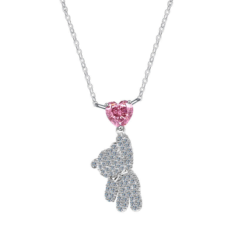 Pink Heart Sparkle Bear Necklace