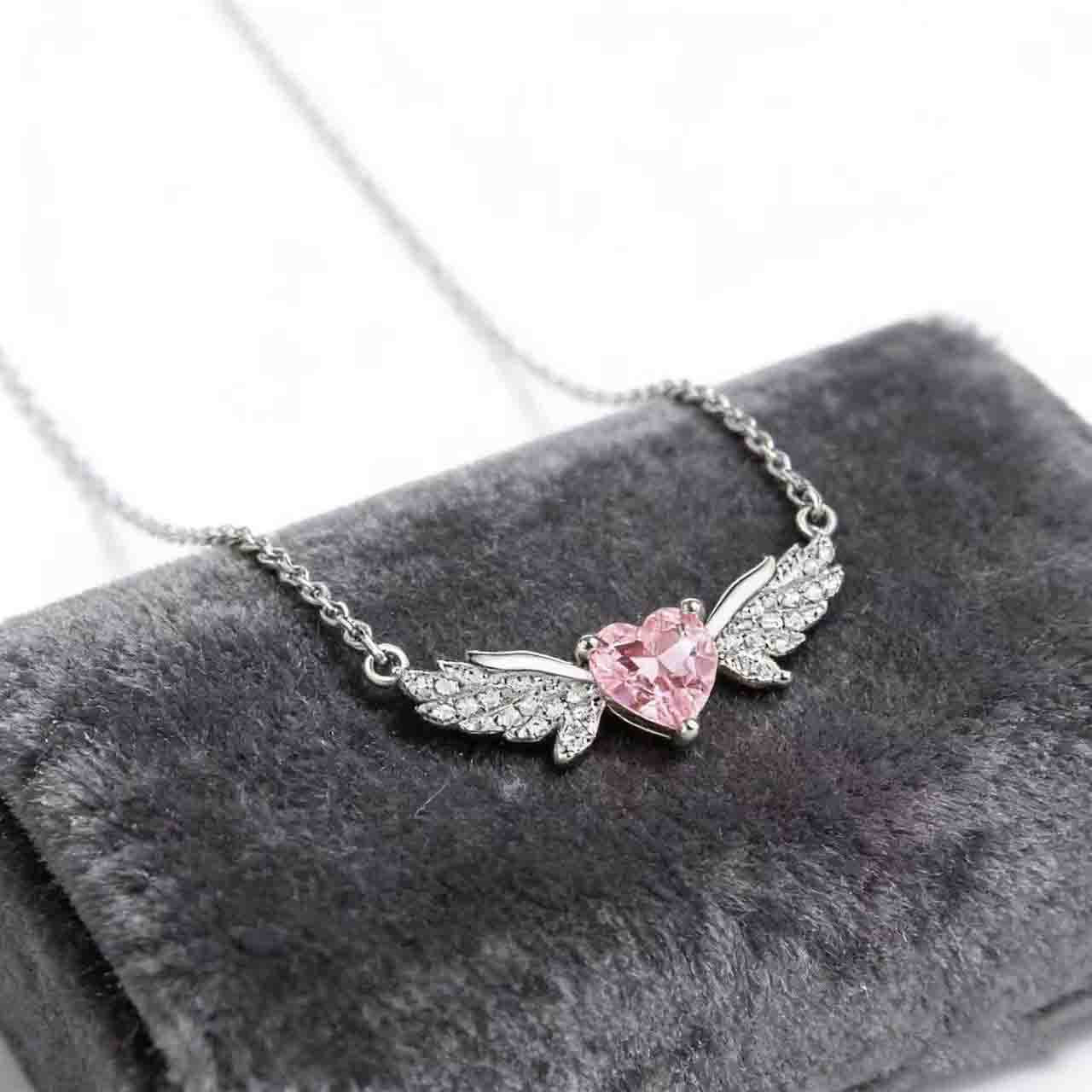 Fairy Wing Pink Heart Pendant Necklace