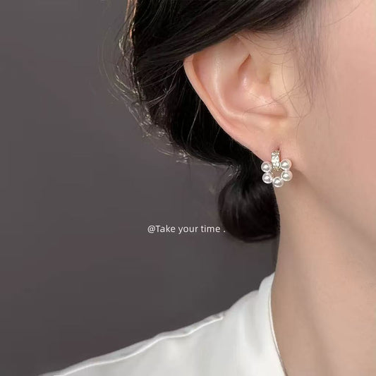 Pearl Diamond Cluster  Earrings