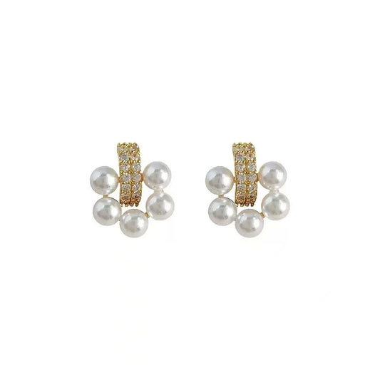 Pearl Diamond Cluster  Earrings
