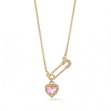 Pink Heart Safety Pin Necklace