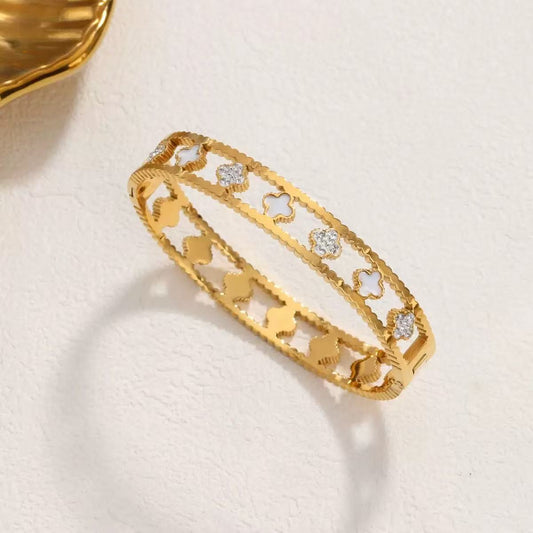 Gold Shell & Rhinestone Clover  Bangle