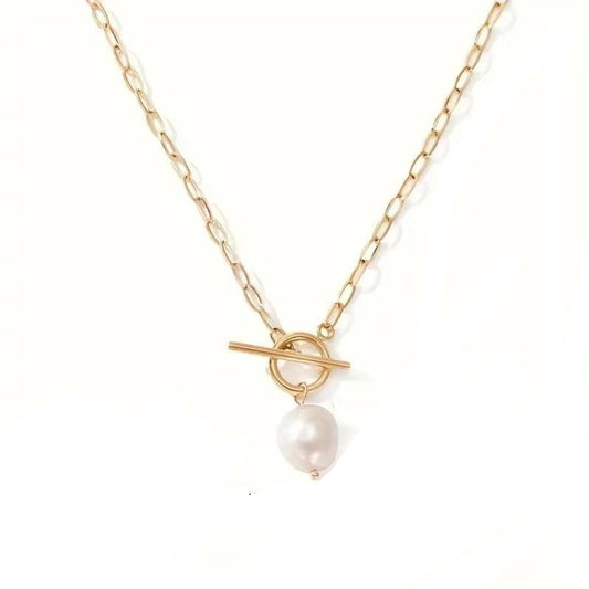 Gold Filled Paperclip Chain with Pearl Necklace