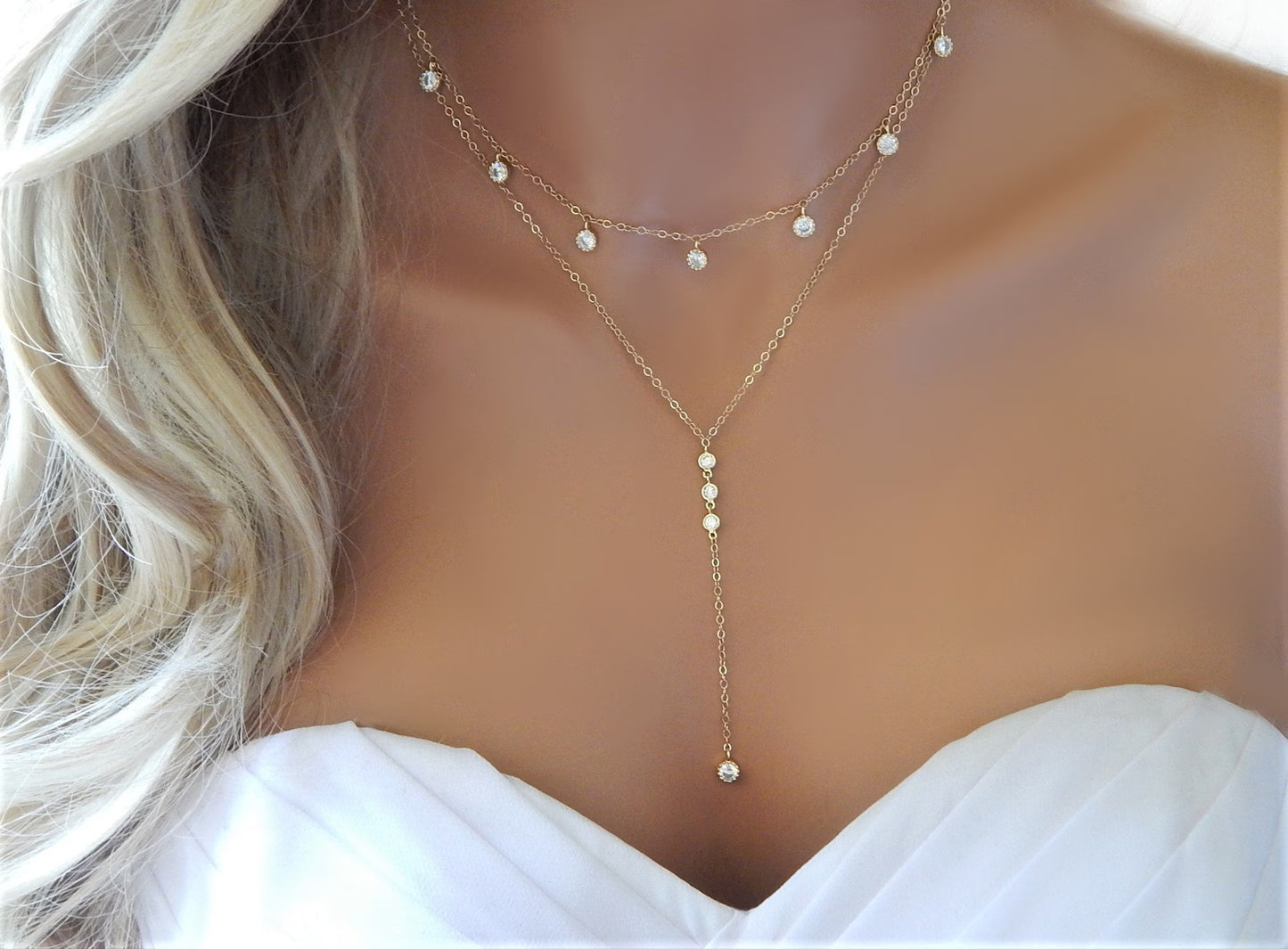 Layered CZ Lariat Wedding Necklace