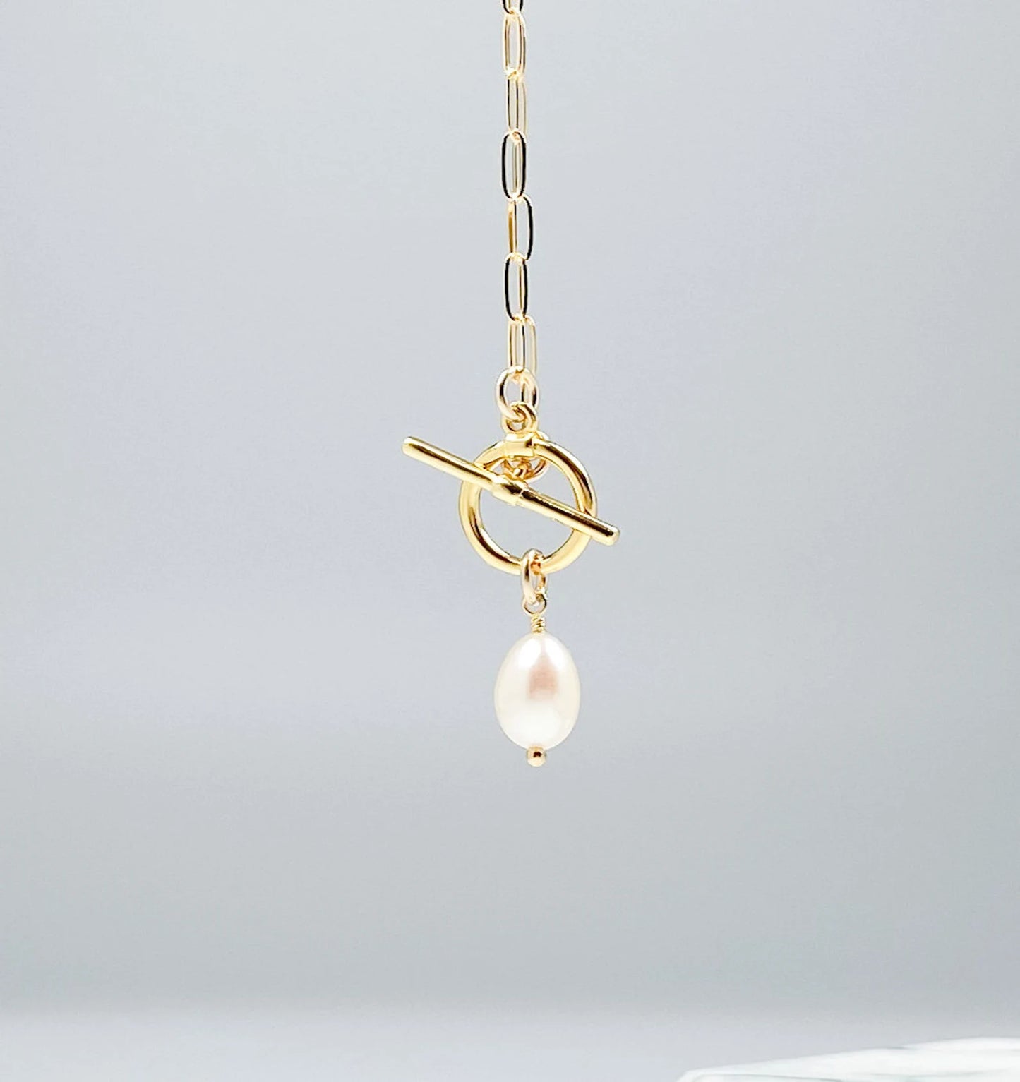 Gold Filled Paperclip Chain with Pearl Necklace