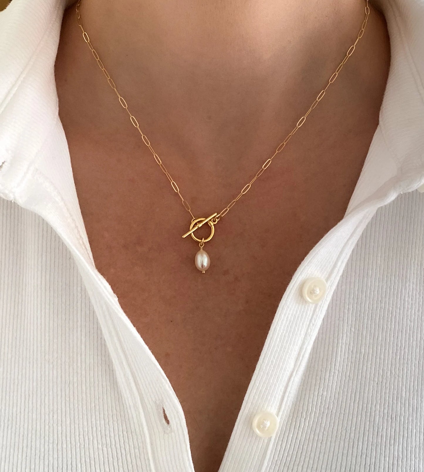 Gold Filled Paperclip Chain with Pearl Necklace