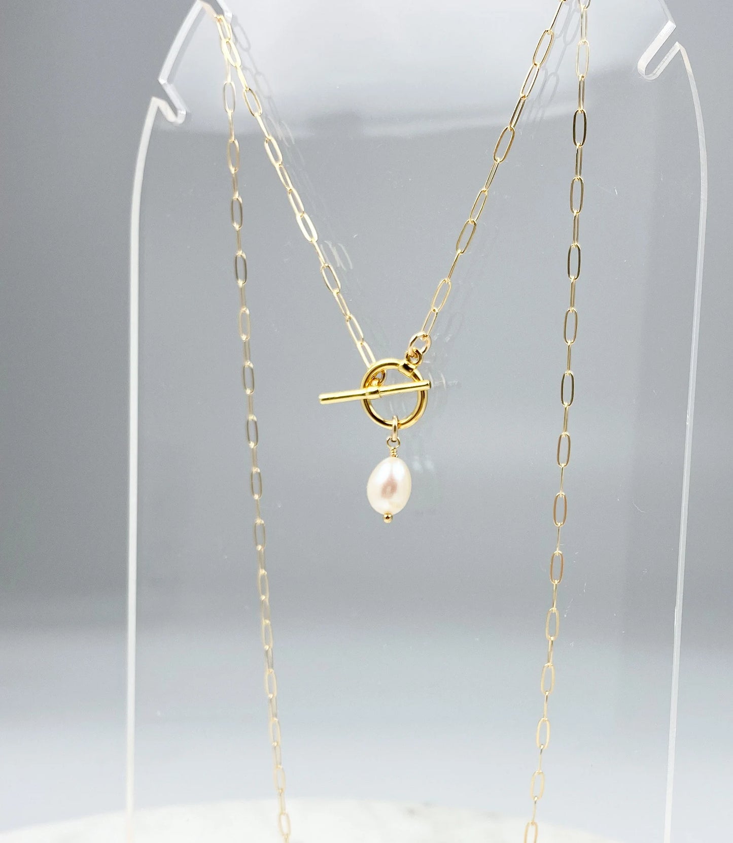 Gold Filled Paperclip Chain with Pearl Necklace