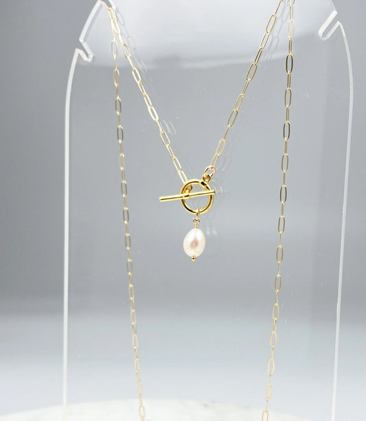 Gold Filled Paperclip Chain with Pearl Necklace
