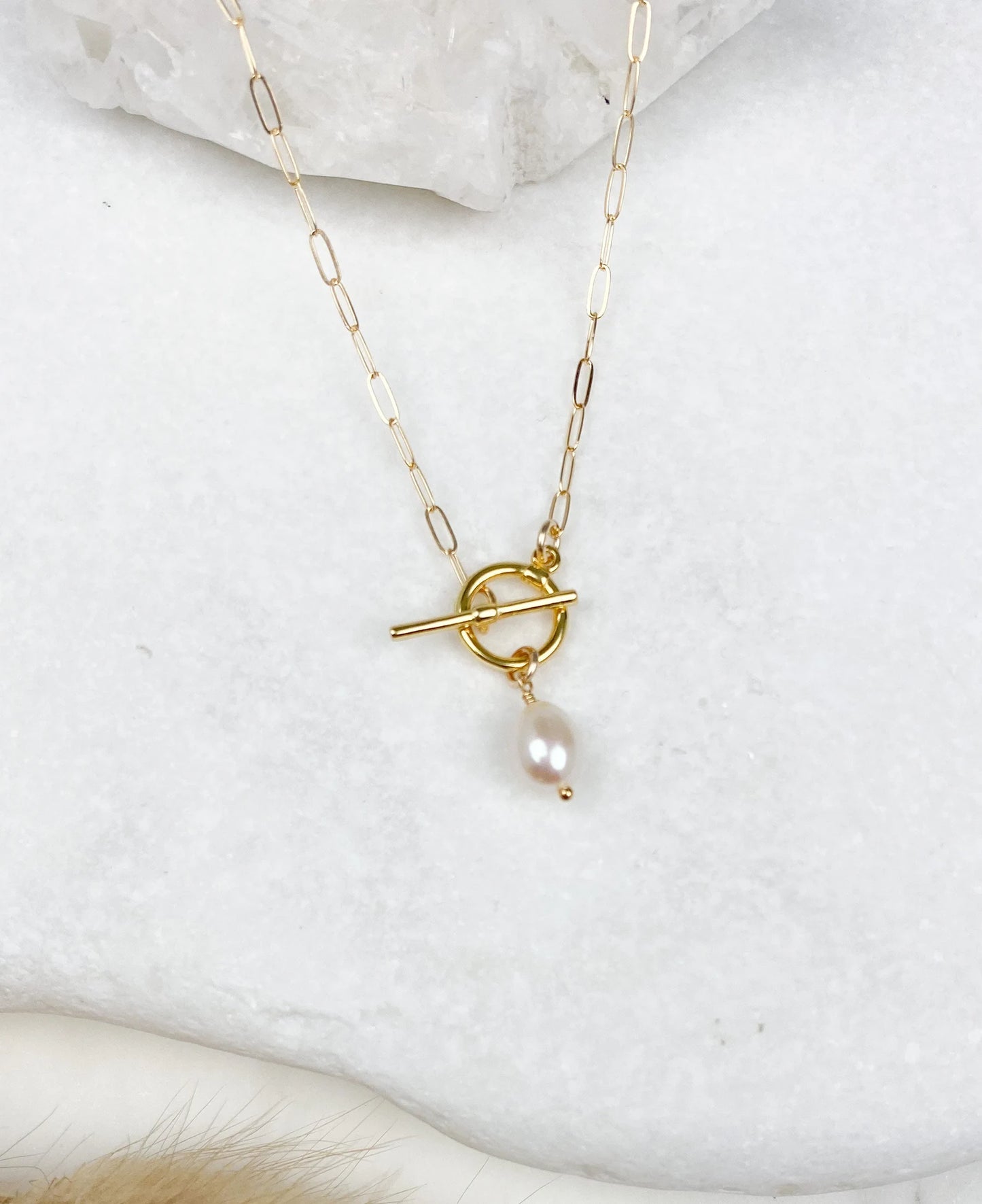 Gold Filled Paperclip Chain with Pearl Necklace