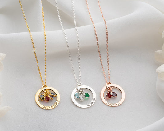 Personalized Gold Birthstone Necklace：Message Engraved on Circle Silver