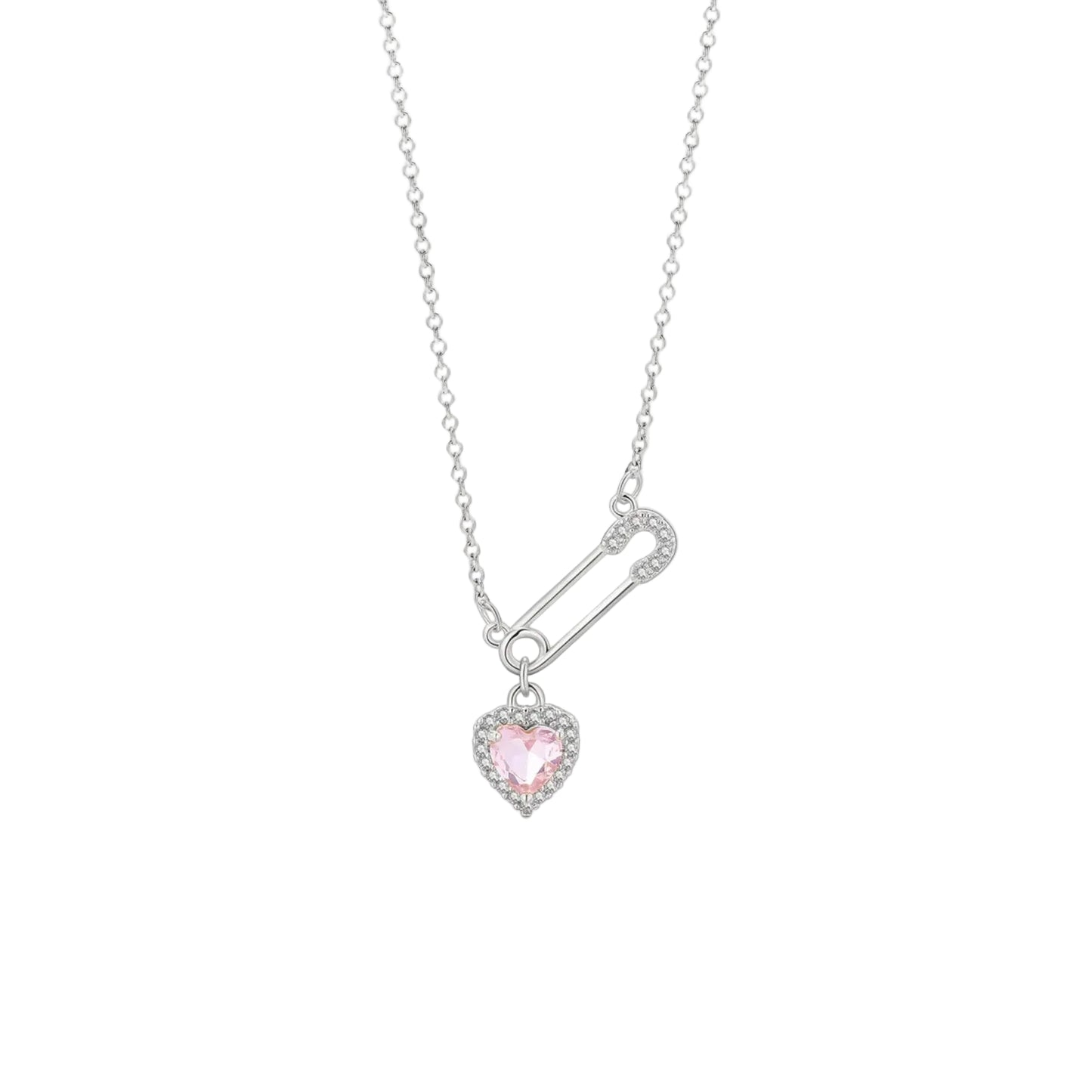 Pink Heart Safety Pin Necklace