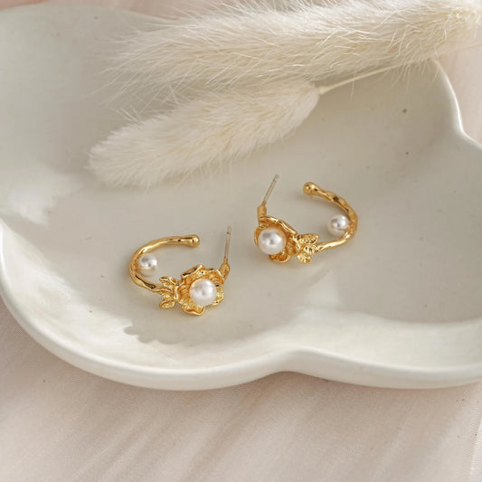 Gold Flower Pearl Hoop Earrings